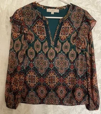 Loft Petite Popover Top Ruffles With Lace Trim Long Sleeve Split Neck  XSP