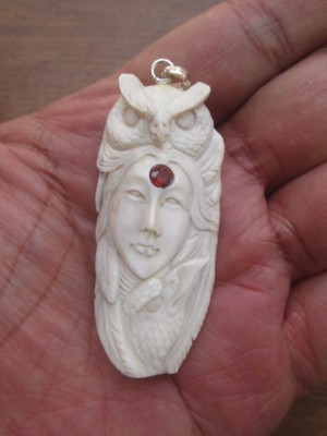 Goddess Owl Raven Bone Pendant from Deer Antler Set with Garnet & Silver Bale