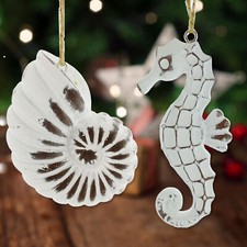 Seahorse Shell Ornaments - Beach Coastal White Christmas Decorations, Set of 2
