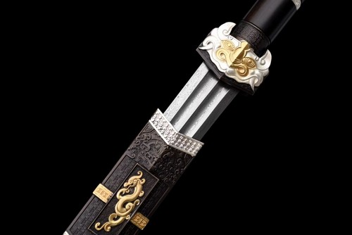 Handmade China Han Sword Short Blade Damascus Steel Groove Edged Ancient Dragon - Picture 5 of 14