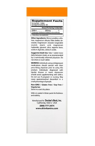 Doctor's Best SAMe (disulfatosilato), 200 mg, 60 comprimidos gástricos resistentes - Imagen 2 de 2