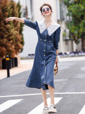 Doll Collar 3/4 Sleeve Denim Dress Korean Button Fishtail