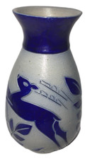 Vintage Gres De La Roche Stoneware Salt Vase Blue Deer Glazed 5.5" Tall Signed