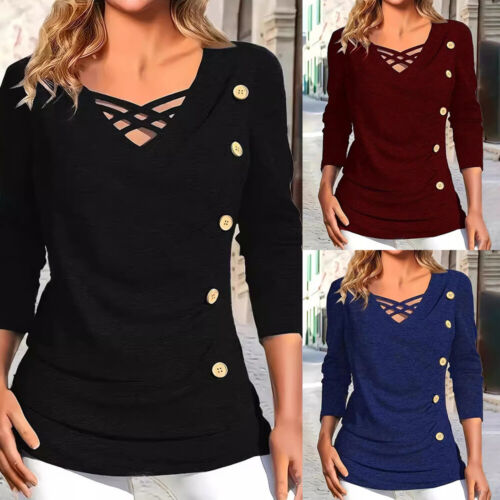 Plus Size Womens Long Sleeve T Shirt Tops Ladies Casual Slim Fit V Neck Blouse
