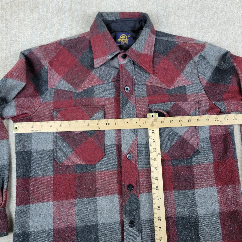 复古 Monterey Knits 羊毛混纺法兰绒衬衫男式 L 红色格子纽扣美国 — 第 3/4 张图片