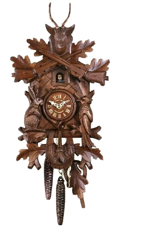 Carved 1-day cuckoo clock with stag head, rabbit and wood-pecker 43cm by Hurbert