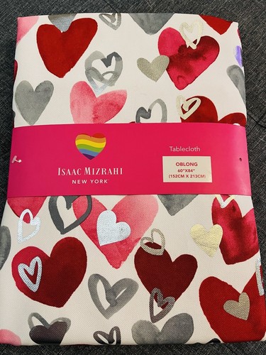 Mantel Corazones San Valentín Rojo Plata Lámina Blanco 60" x 84" Oblongo Mizrahi NUEVO - Imagen 2 de 5