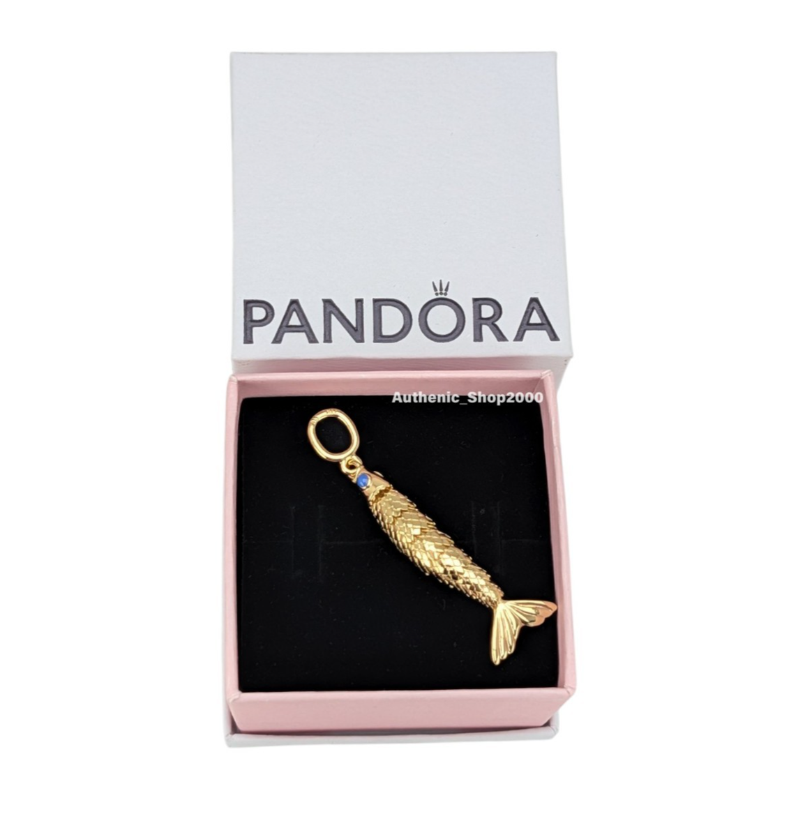 New 100% Authentic PANDORA 14k Gold Articulated Fish Blue Eyes