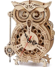 New In Box ROKR Owl Clock Mechanical Gears 3D Wooden Puzzle • Great Gift Item
