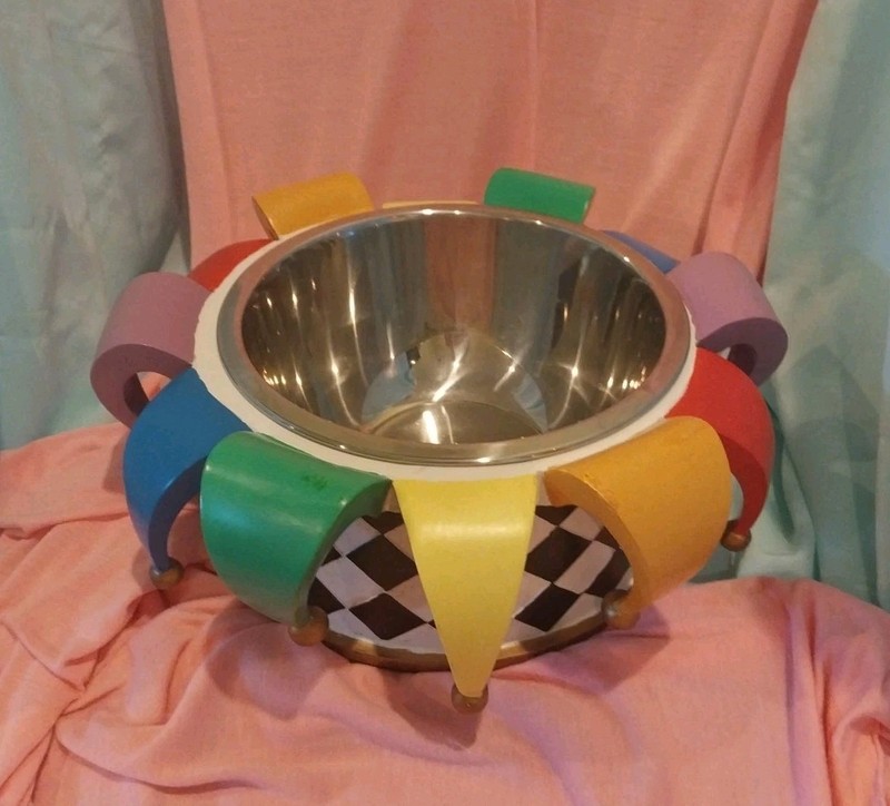Family Pet Pride Rainbow Jester Hat 10" Dog Bowl like Mackenzie Childs Check