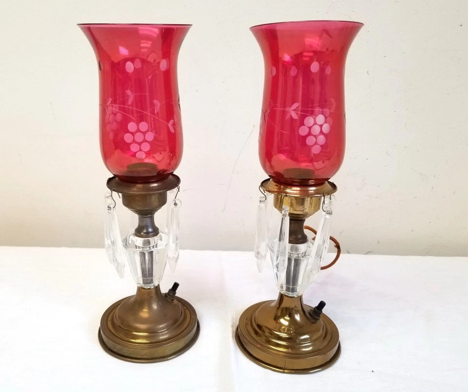 Pair Of Antique Cranberry Etched Hurricane Lamps With Dangling Faceted Crystals - Image 2 of 4