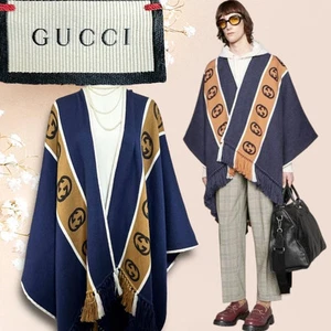 Poncho GUCCI laine unisexe bleu marine rayures imbriquées 145x185cm
