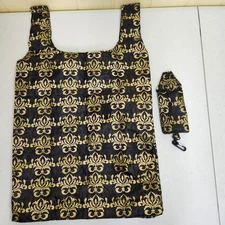 Reusable Shopping Bag Foldable tote folds in to Small pouch W/ Clip Black Gold
