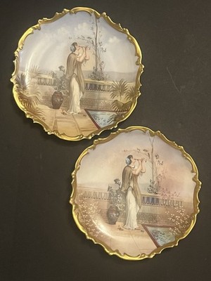 (2) L.R.L. Limoges Plates Woman Playing Flute Almost Identical Different Artists