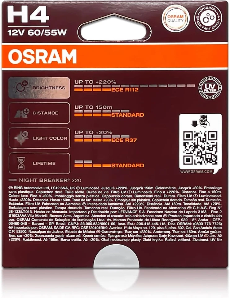 Osram Night Breaker 220 9003 HB2 H4 60/55W Dos Bombillas Faro Doble Haz Reemplazar Foto 3 de 4