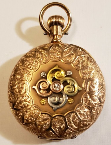 Waltham 6S. 15J. Fancy dial 14K solid gold multi-color diam. H/C (1891) 57.6gm.