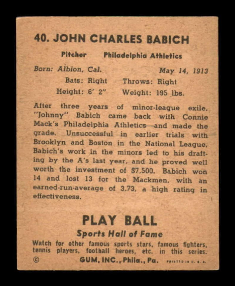 1941 Play Ball #40 Johnny Babich VGEX Athletics 548549 - Image 2 of 2
