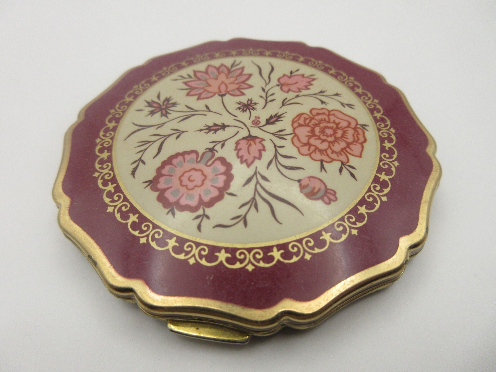 Vtg Stratton England Burgundy Floral Rose Powder Compact w/ Mirror Gold UK