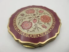Vtg Stratton England Burgundy Floral Rose Powder Compact w/ Mirror Gold UK