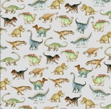 Multicolor Dinosaurs on White Cotton Flannel Fabric by the Yard