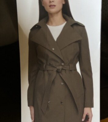 Calvin Klein Womens Trench Coat Pockets Removable Hood Size Medium Color Twig