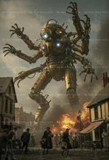 STEAMPUNK ROBOT INVASION ART PRINT, Town Attack Decor, Fantasy Sci-fi Poster