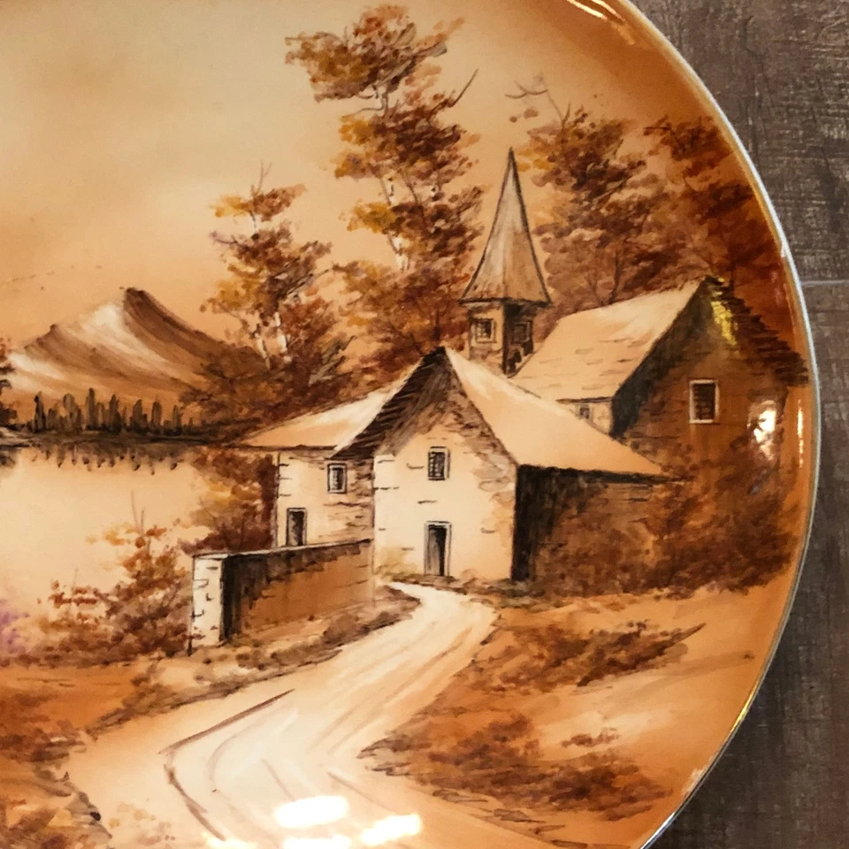 Antiguo Portugal vitrina pintado a mano placa decorativa naranja casa árboles pueblo Foto 3 de 4