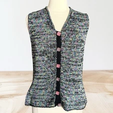 Hand Knit Vest Art to Wear Sweater Sz M Womens Silky Tweed Knit Unique Buttons