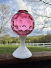 Vintage MCM 1970's Dot Optic Ruby And Milk Glass Tall Fairy Lamp 9 1/2"