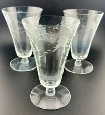 Set Of 3 Vintage Etched Floral Footed Parfait/Iced Tea Glasses  5. 1/2”