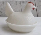 Vintage Milk Glass Hen on Nest Covered Egg Dish 4.5" - Two Pieces Red & White