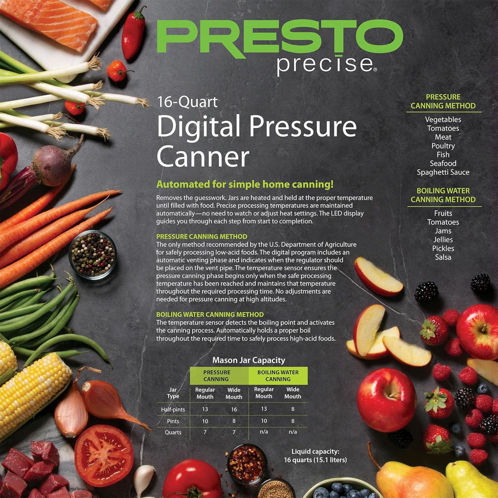 Presto 16 Quart Digital Pressure and Water Boiling Canner, LED Digital Display