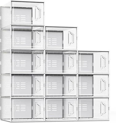 EPN 12Pack Shoe Storage Box Fit Size 11,Clear Plastic Stackable Shoe Organizer White