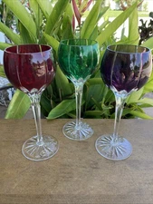 AJKA Castile Albinka Cut Clear Red Purple Green Crystal Wine Hock Glasses * NEW!