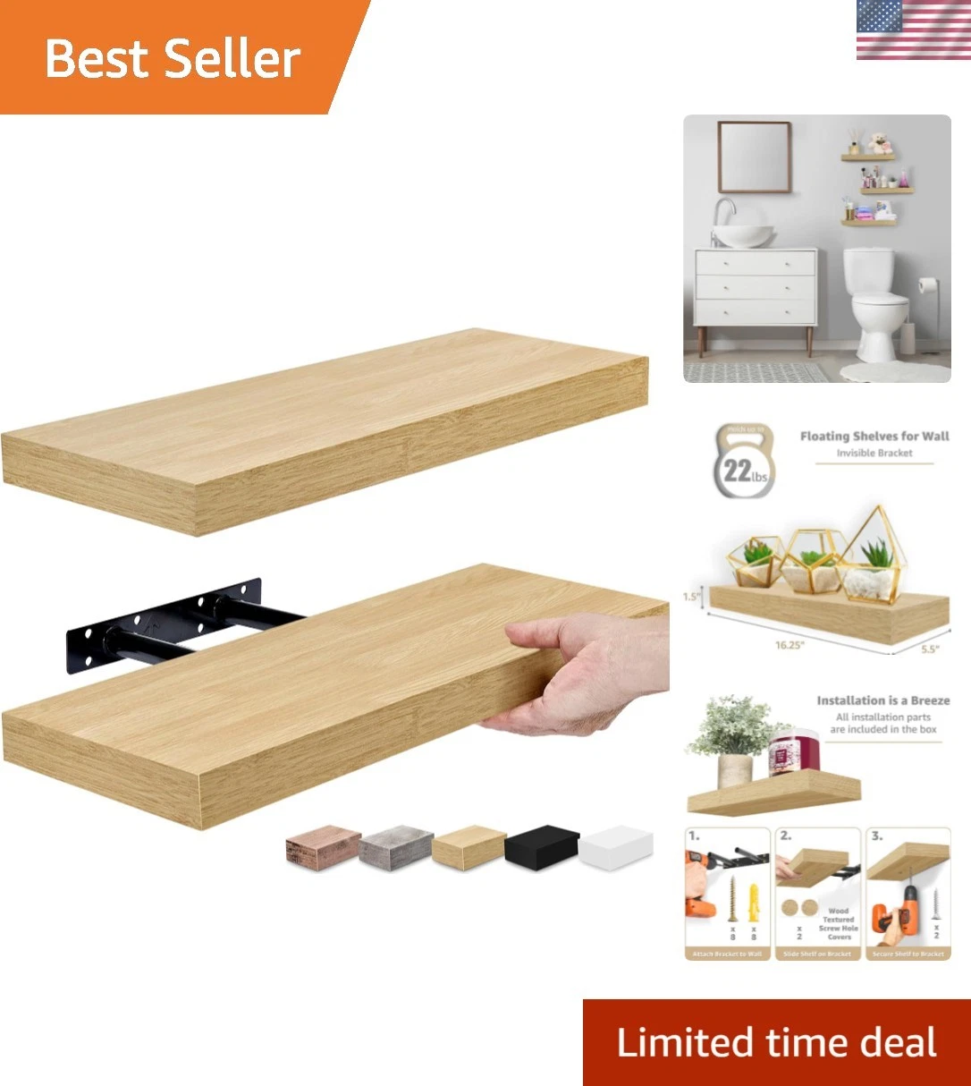 Floating Shelves for Wall – 16 Inch Floating Shelf for Kitchen, Bedroom, Livi...