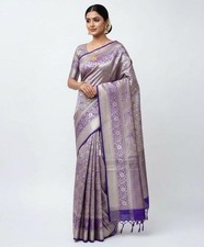 Kanchipuram Semi Silk Saree Purple Silver South Indian Traditional Saree