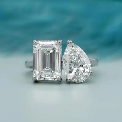 4.89Ct Emerald& Pear Cut Two Stone Bridal Anniversary Ring 14K White Gold Plated