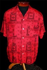 COLLECTIBLE QUALITY 1960'S KAHANAMOKU RED RAYON GAB HAWAIIAN SHIRT SZ M