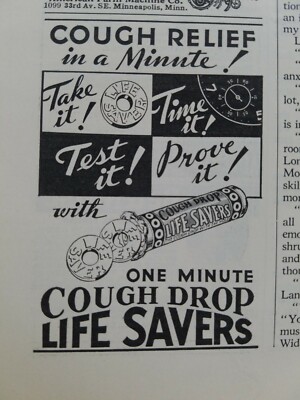1932 Life Savers cough drop candy mint 1 minute relief vintage ad