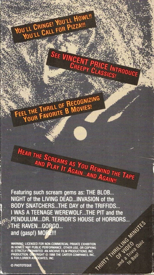 Creepy Classics VHS (1988) Vincent Price Horror B-Movie Comedy - Image 2 of 2