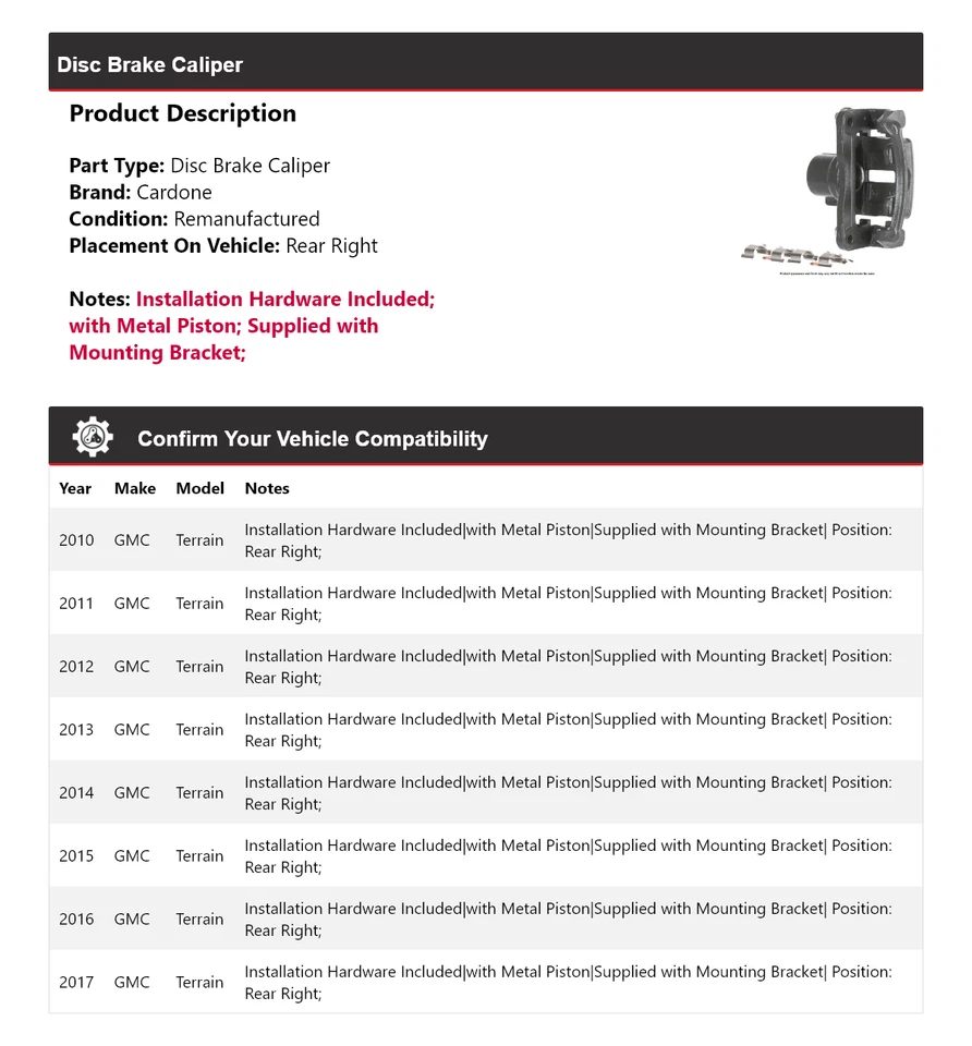 Pinza de freno de disco trasera derecha Cardone 2011 2012 2013 GMC Terrain 2010-2017 Foto 2 de 4