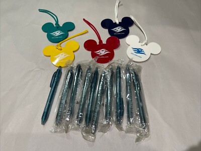 Qty 10 New Disney Cruise Line Gel Ink Pens + 5 Multi Color Luggage Tags Lot