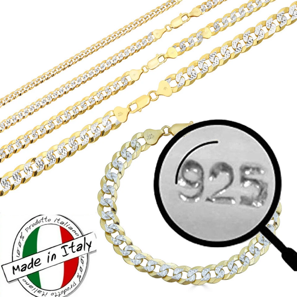 Cuban Link Chain Bracelet 14k Gold Plated Real Solid 925 Silver Necklace 5-11mm