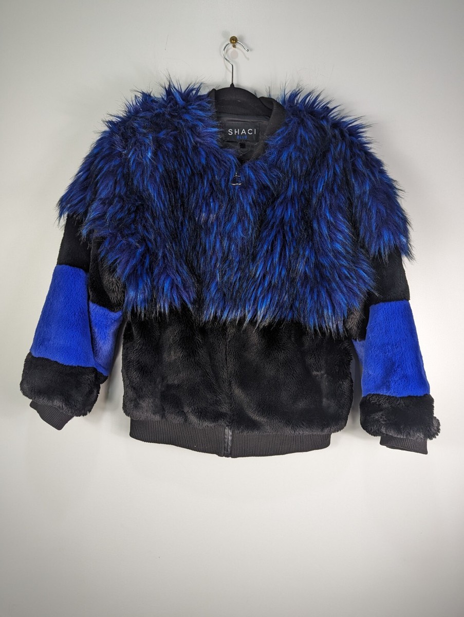 Shaci Blue Black Faux Fur Zip Up Long Sleeve Fully Lined Jacket Size Small