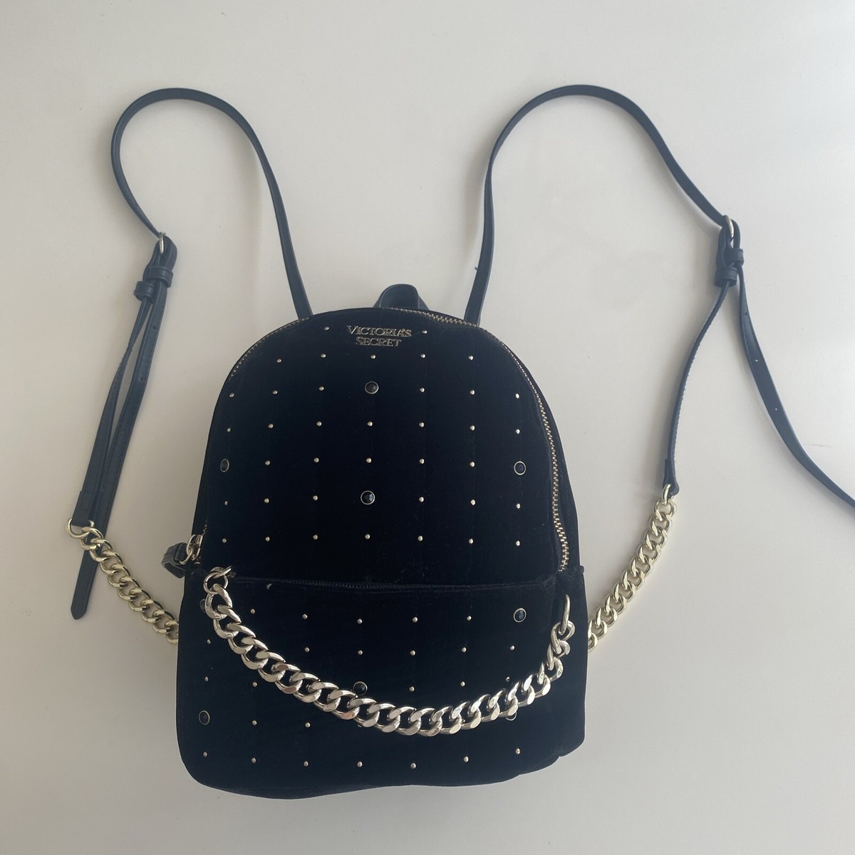 Victoria's Secret Black Velvet Mini Back Pack Gold Accents