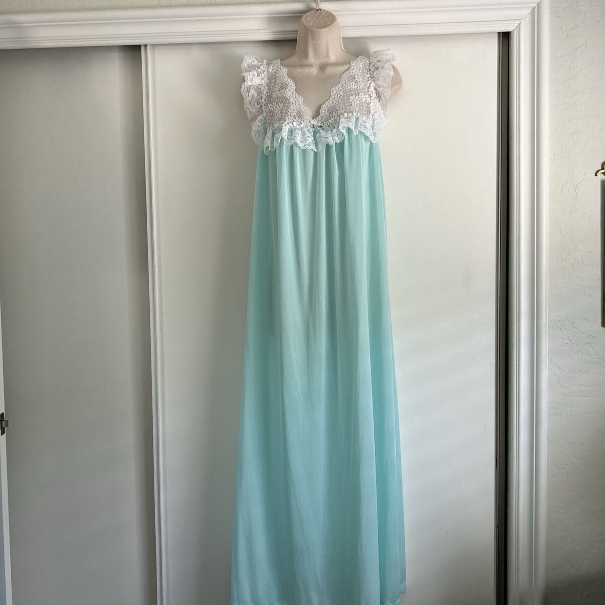 Vintage 60s Nylon Lace Nightgown & Matching Robe-Aqua-Sears Vintage 60s Nylon Lace Nightgown & Matching Robe-Aqua-Sears