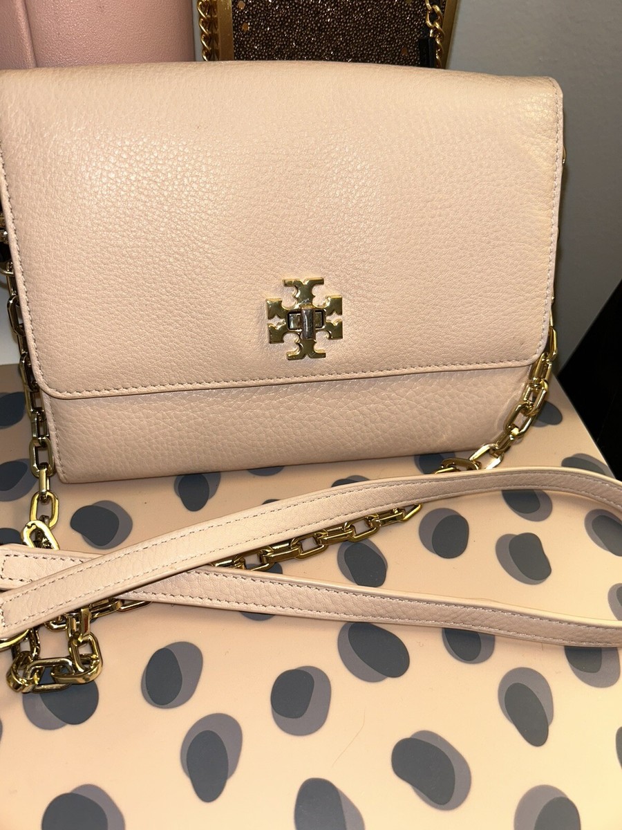 Tory Burch mercer chain wallet light oak pink pebbled leather 
