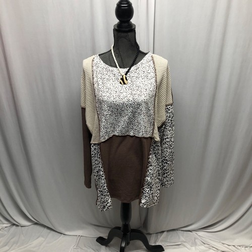 Leopard Colorblock Textured Knit Patchwork Top Womens Size 1X Loose Fit NEW