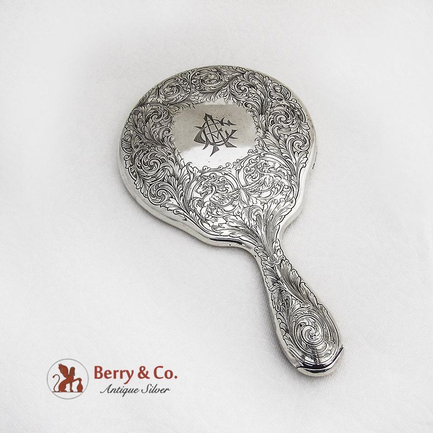 Acid Etched Foliate Round Hand Mirror Gorham Sterling Silver 1920