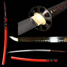 Katana Samurai Sword Clay Tempered T10 Steel Real Hamon Razor Sharp Red Saya